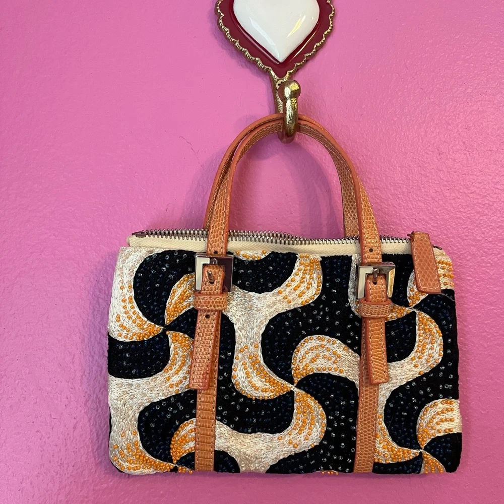 Women’s Black, Cream & Tan Patterned Top-Handle Bag